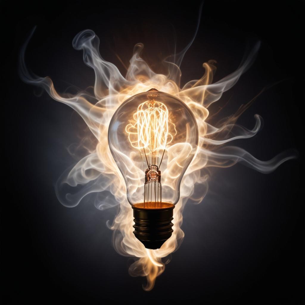 A Light Bulb With A Filament Inside Emitting A Bright Warm Glow Surrounded By Wisps Of Smoke And Light Trails On A Bright Background 3 43e9