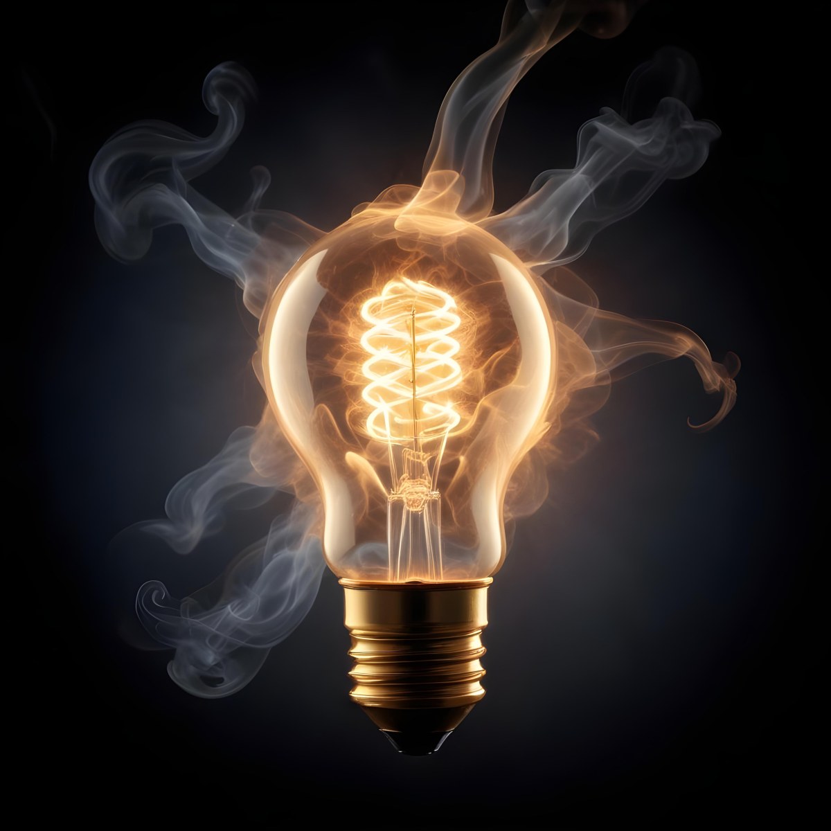 A Light Bulb With A Filament Inside Emitting A Bright Warm Glow Surrounded By Wisps Of Smoke And Light Trails On A Bright Background 4 6ed3