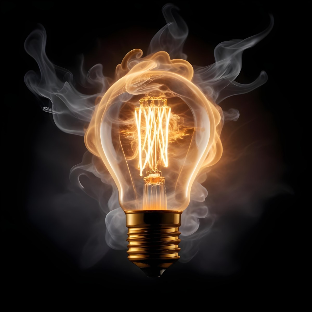 A Light Bulb With A Filament Inside Emitting A Bright Warm Glow Surrounded By Wisps Of Smoke And Light Trails On A Bright Background 5 Acd2