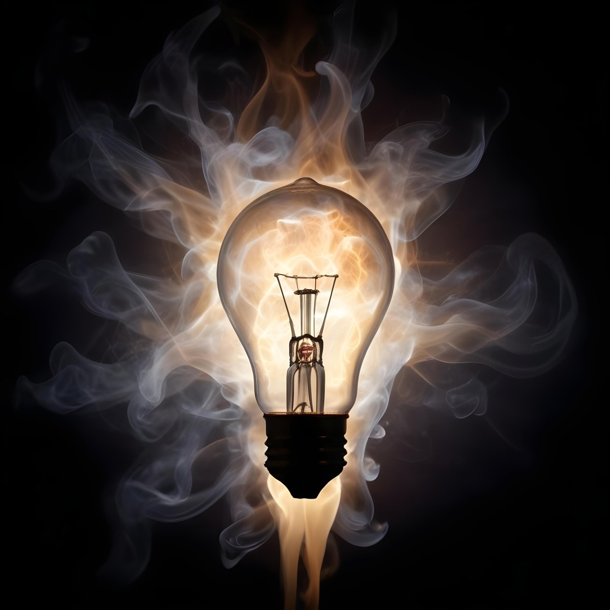 A Light Bulb With A Filament Inside Emitting A Bright Warm Glow Surrounded By Wisps Of Smoke And Light Trails On A Bright Background 9 62bc