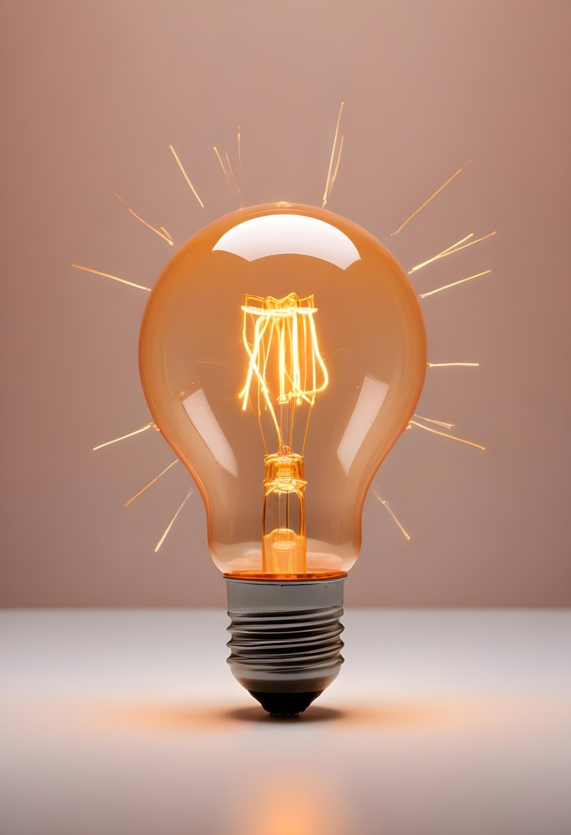 A Light Bulb With An Orange Light Trail Inside And Sparkles Coming Out Of It On A Light Background 1 1d1a