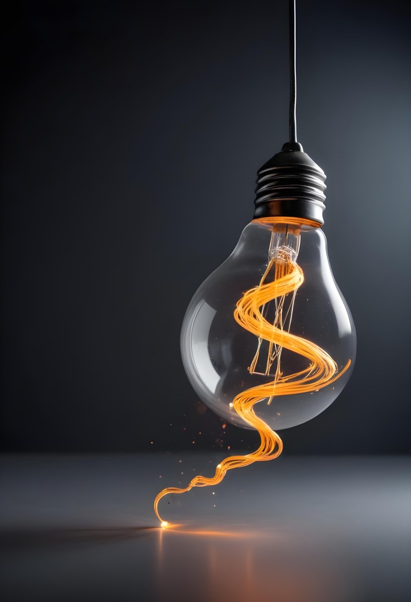 A Light Bulb With An Orange Light Trail Inside And Sparkles Coming Out Of It On A Light Background 10 1ea4
