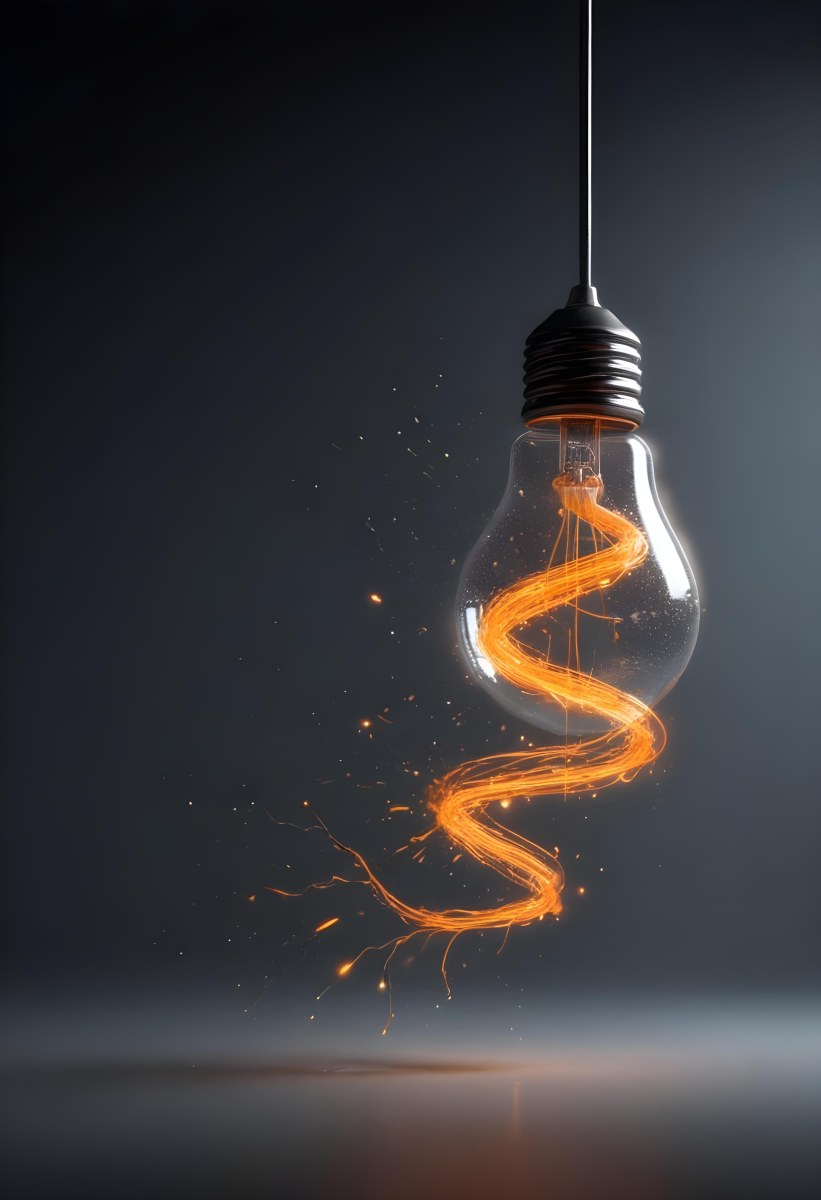 A Light Bulb With An Orange Light Trail Inside And Sparkles Coming Out Of It On A Light Background 10 Bc2e