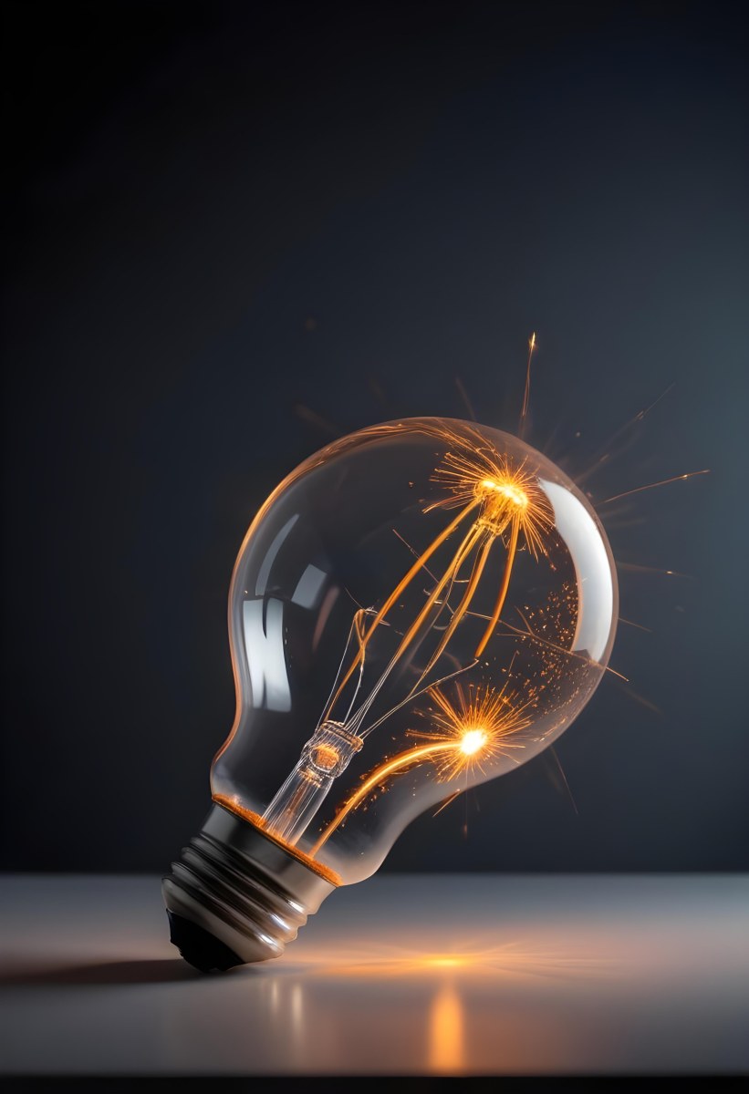 A Light Bulb With An Orange Light Trail Inside And Sparkles Coming Out Of It On A Light Background 11 7180