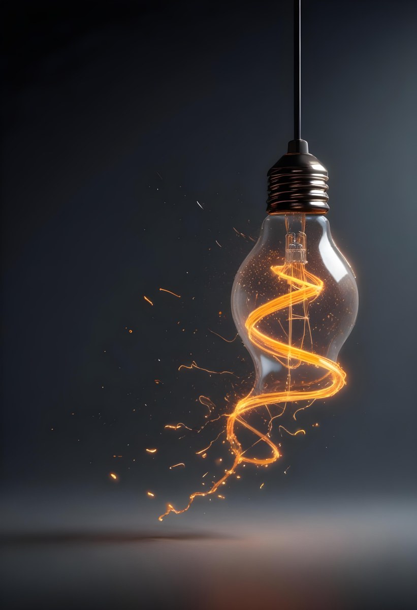 A Light Bulb With An Orange Light Trail Inside And Sparkles Coming Out Of It On A Light Background 13 3ef3