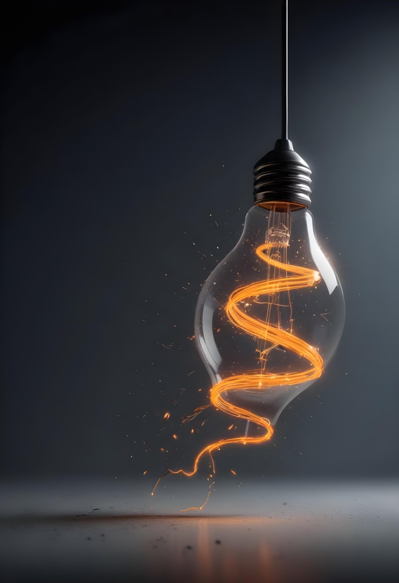 A Light Bulb With An Orange Light Trail Inside And Sparkles Coming Out Of It On A Light Background 15 2d14
