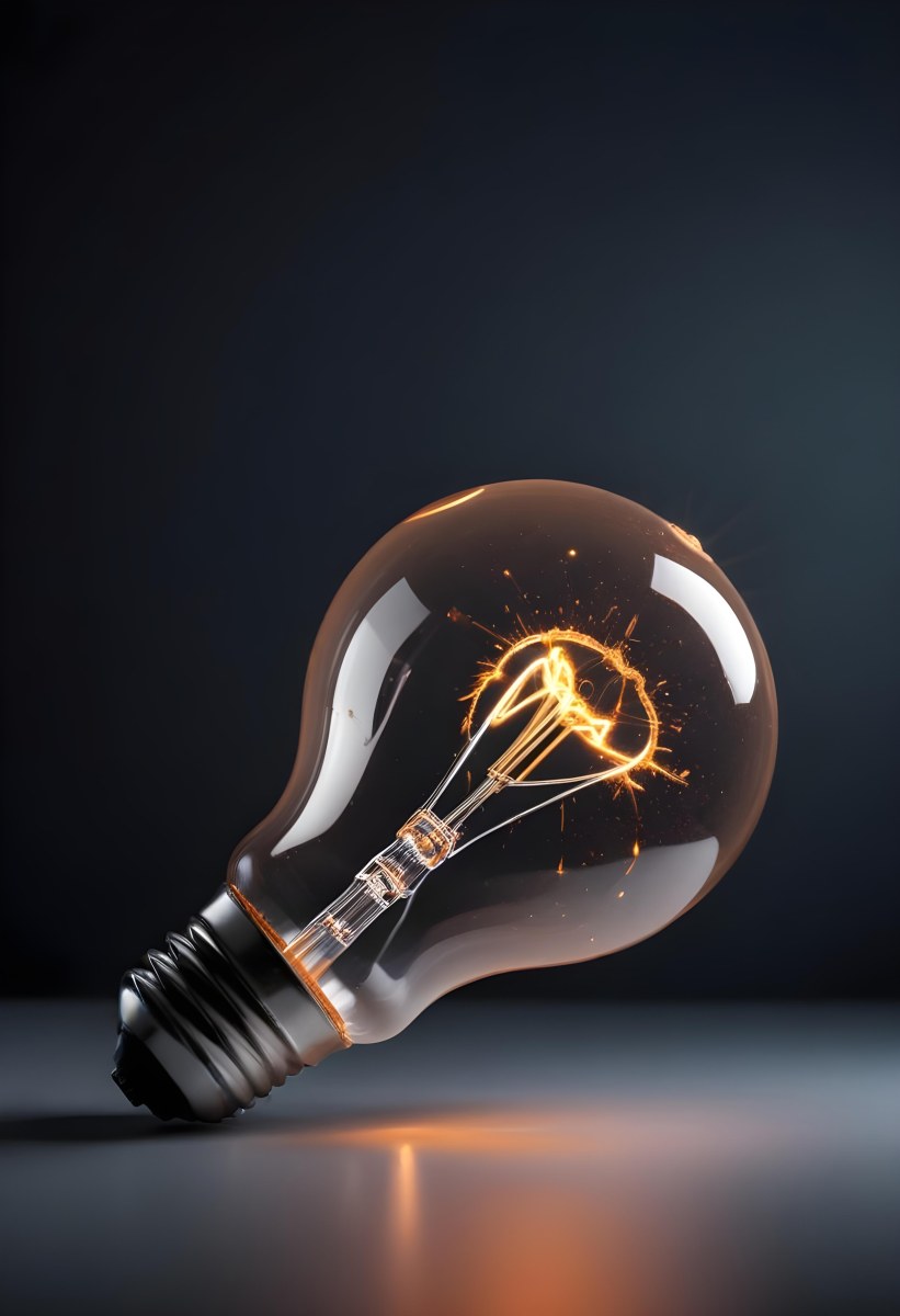 A Light Bulb With An Orange Light Trail Inside And Sparkles Coming Out Of It On A Light Background 16 D94c