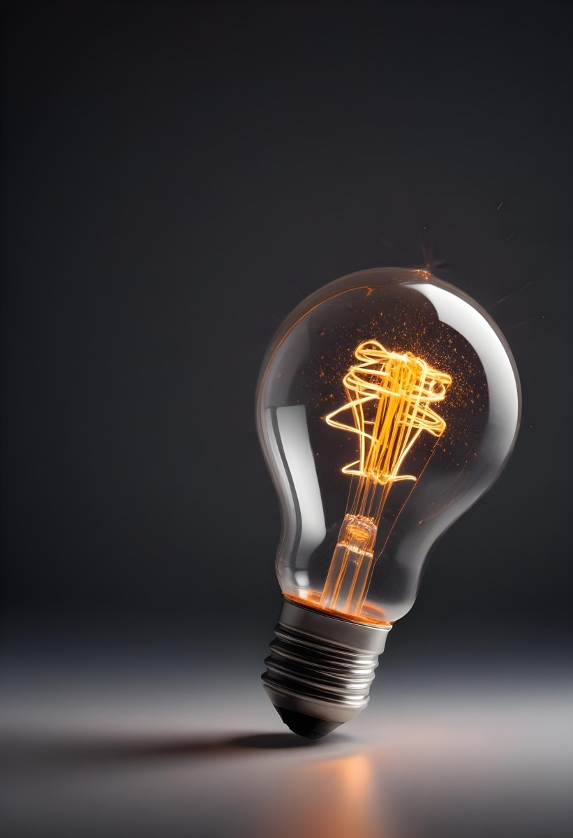 A Light Bulb With An Orange Light Trail Inside And Sparkles Coming Out Of It On A Light Background 17 1491