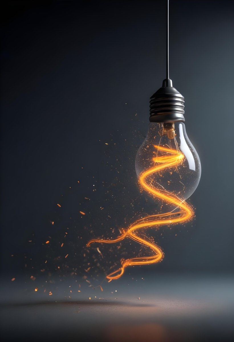 A Light Bulb With An Orange Light Trail Inside And Sparkles Coming Out Of It On A Light Background 20 5426