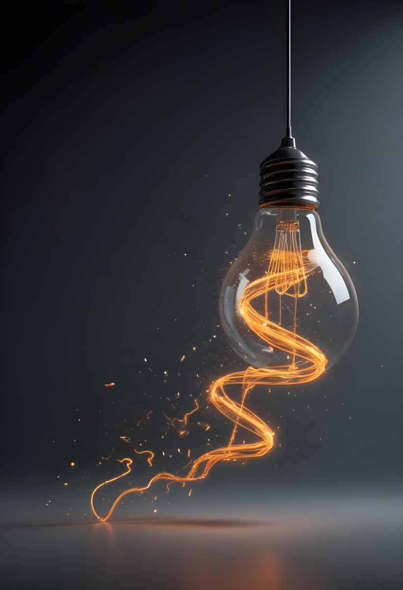 A Light Bulb With An Orange Light Trail Inside And Sparkles Coming Out Of It On A Light Background 24 4921