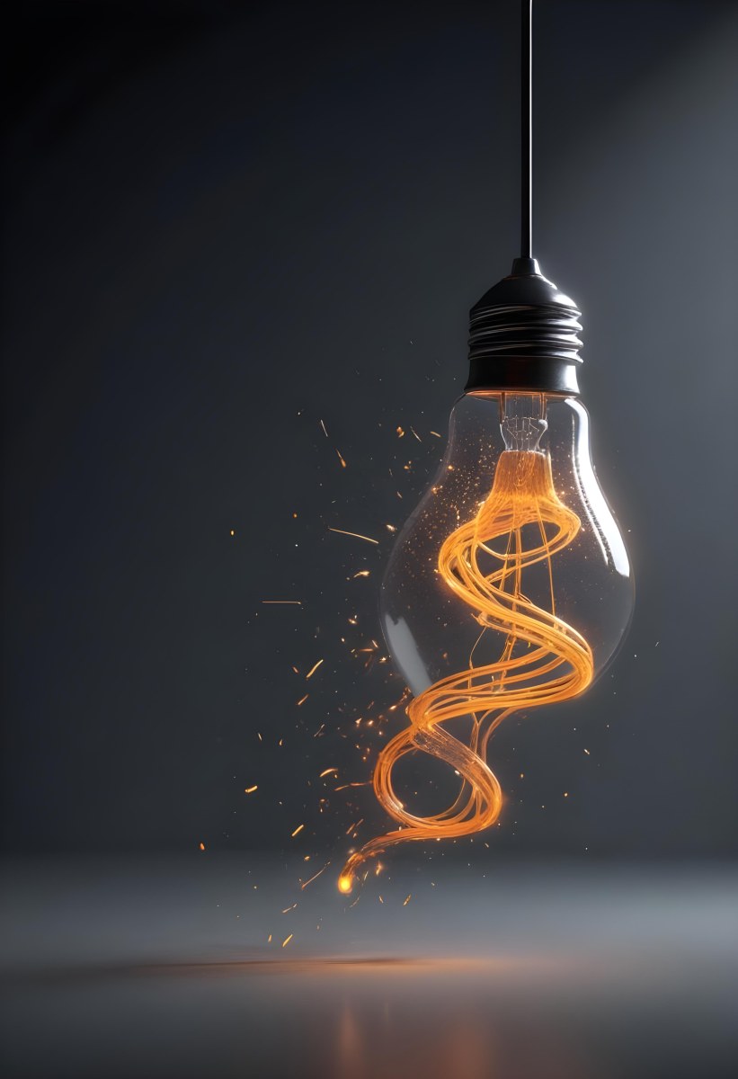A Light Bulb With An Orange Light Trail Inside And Sparkles Coming Out Of It On A Light Background 29 Fab9