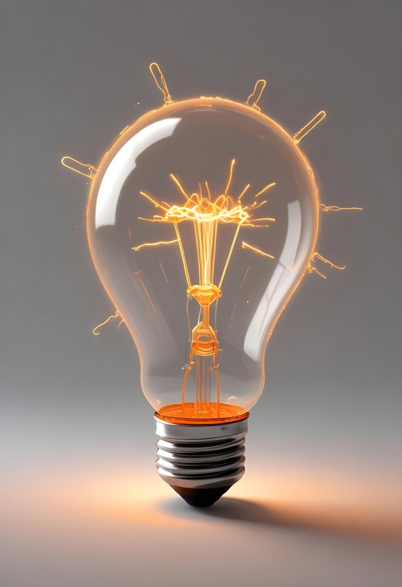 A Light Bulb With An Orange Light Trail Inside And Sparkles Coming Out Of It On A Light Background 3 Be55