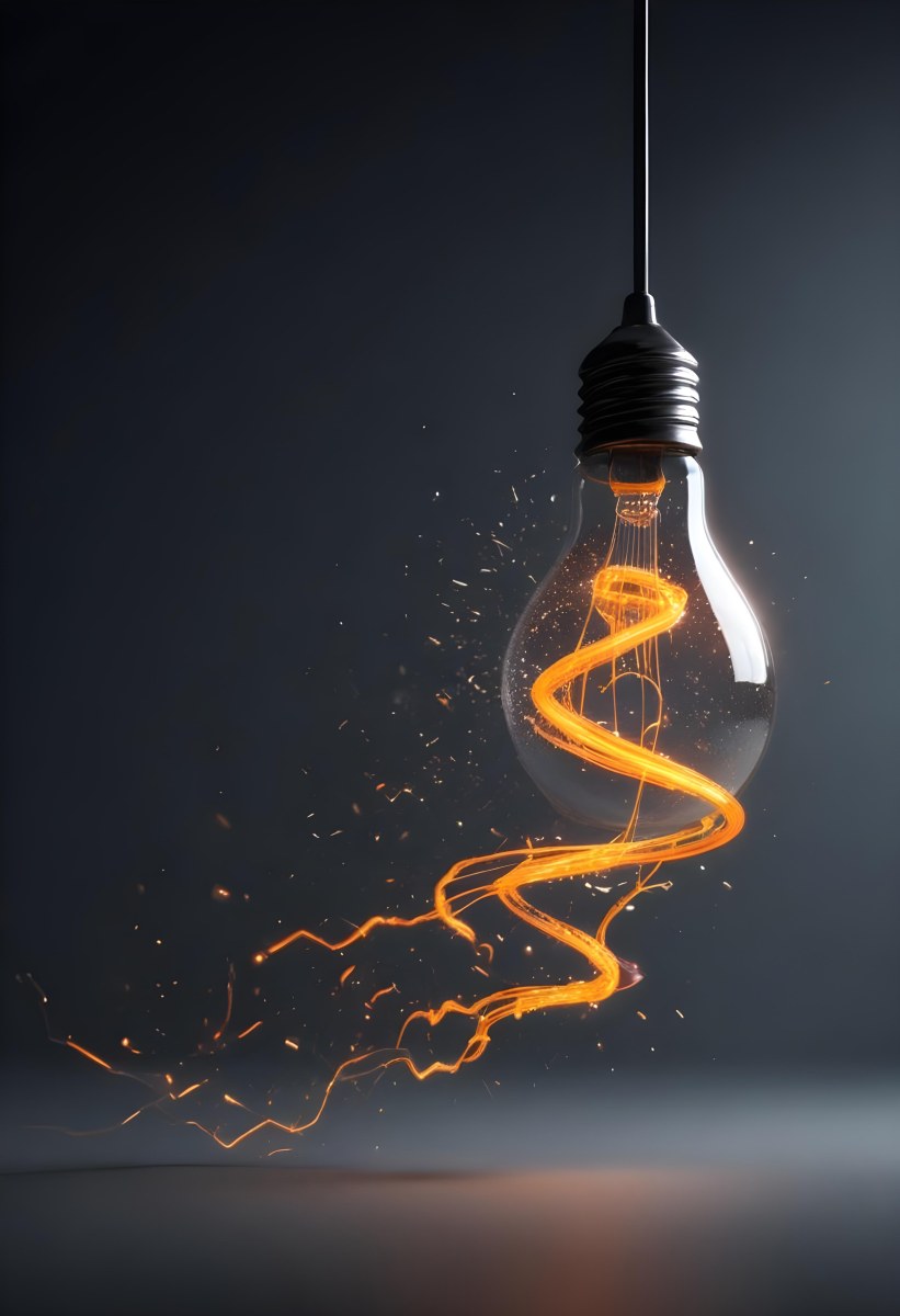 A Light Bulb With An Orange Light Trail Inside And Sparkles Coming Out Of It On A Light Background 30 3317