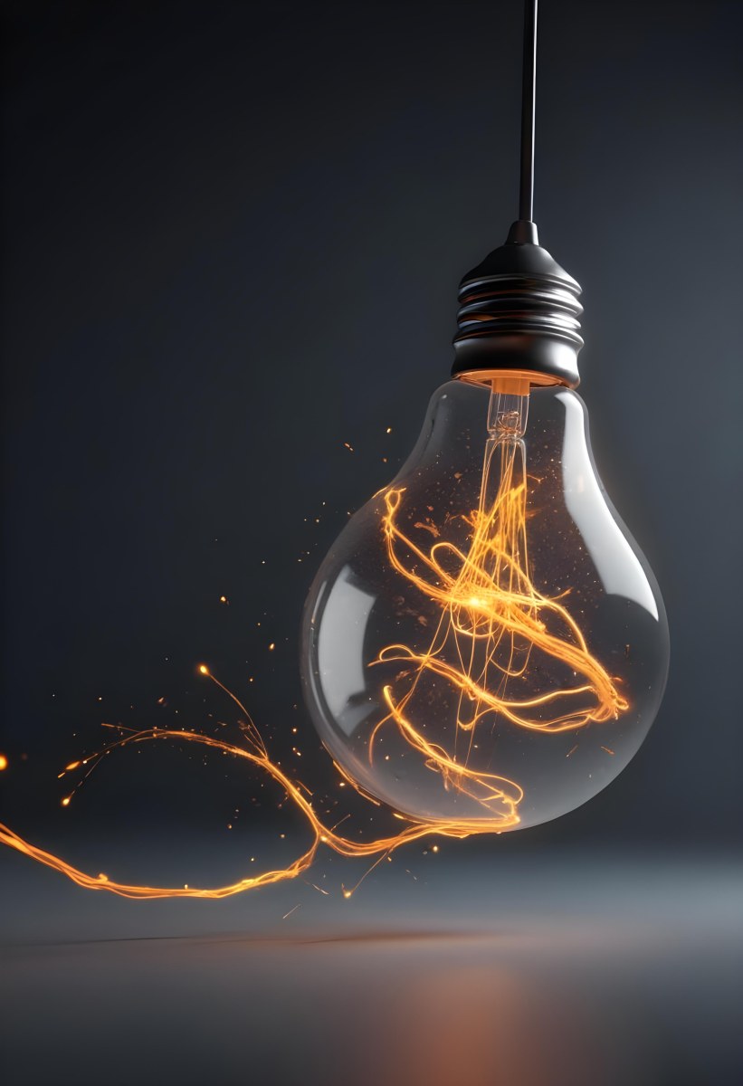 A Light Bulb With An Orange Light Trail Inside And Sparkles Coming Out Of It On A Light Background 33 9481