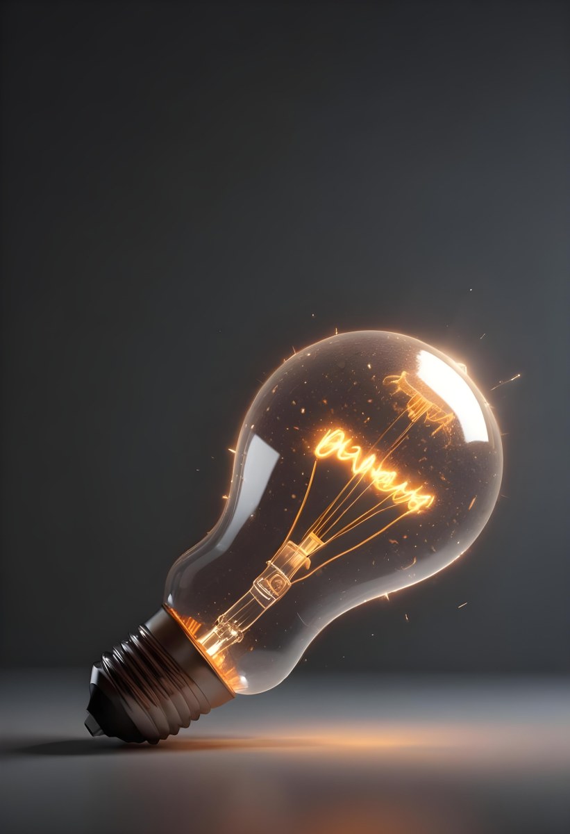 A Light Bulb With An Orange Light Trail Inside And Sparkles Coming Out Of It On A Light Background 36 788d