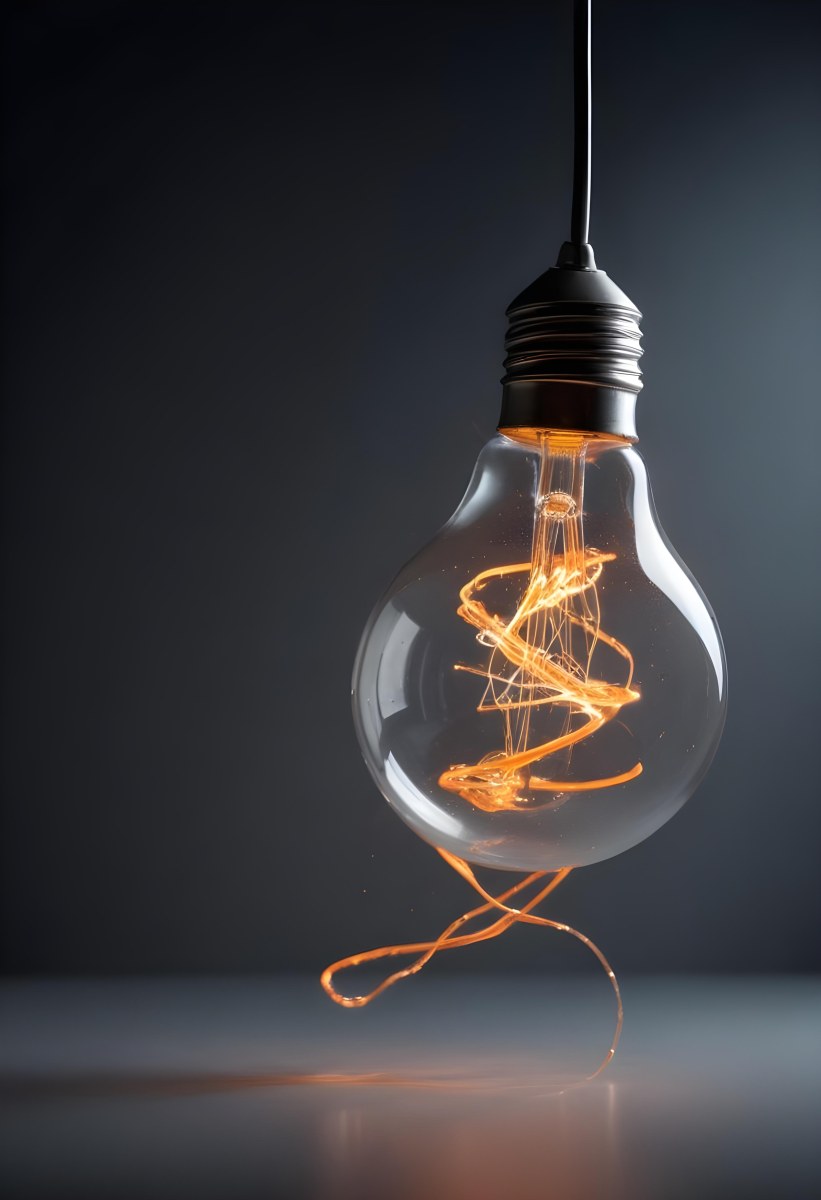 A Light Bulb With An Orange Light Trail Inside And Sparkles Coming Out Of It On A Light Background 4 1c67