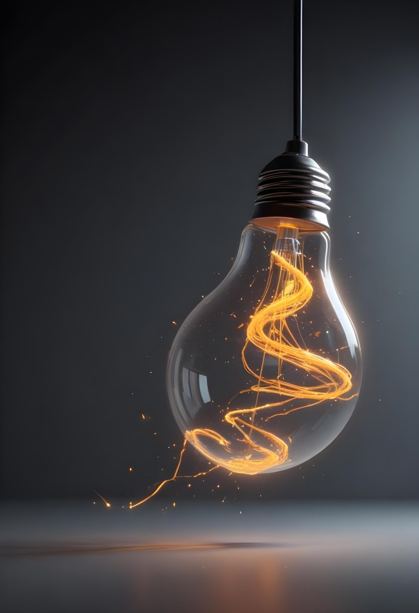 A Light Bulb With An Orange Light Trail Inside And Sparkles Coming Out Of It On A Light Background 4 3651