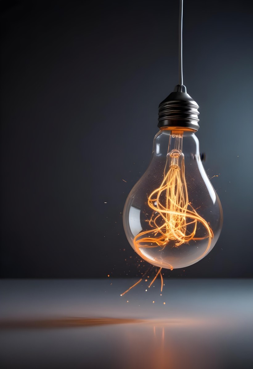 A Light Bulb With An Orange Light Trail Inside And Sparkles Coming Out Of It On A Light Background 5 35a2