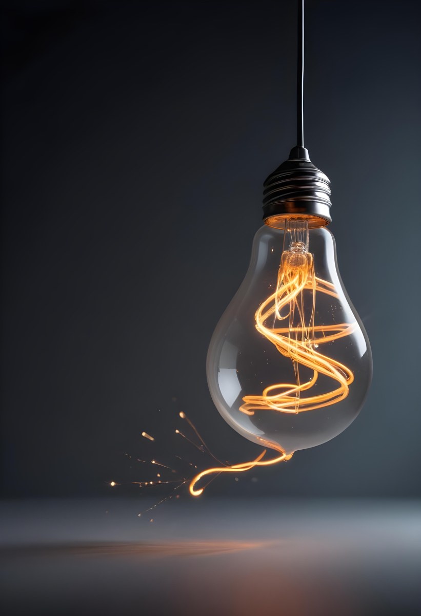 A Light Bulb With An Orange Light Trail Inside And Sparkles Coming Out Of It On A Light Background 6 77e3