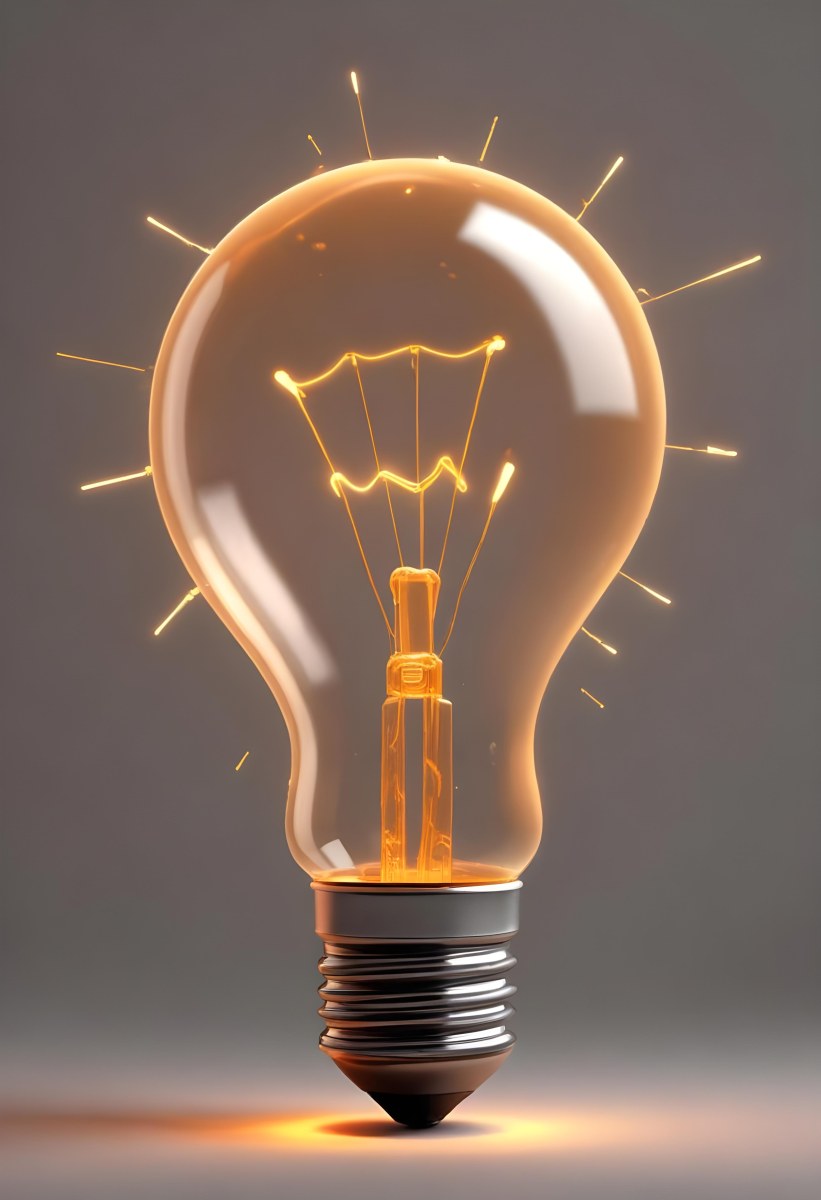 A Light Bulb With An Orange Light Trail Inside And Sparkles Coming Out Of It On A Light Background 7 2650
