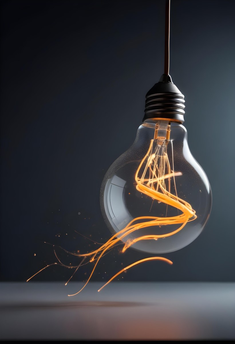 A Light Bulb With An Orange Light Trail Inside And Sparkles Coming Out Of It On A Light Background 7 8842