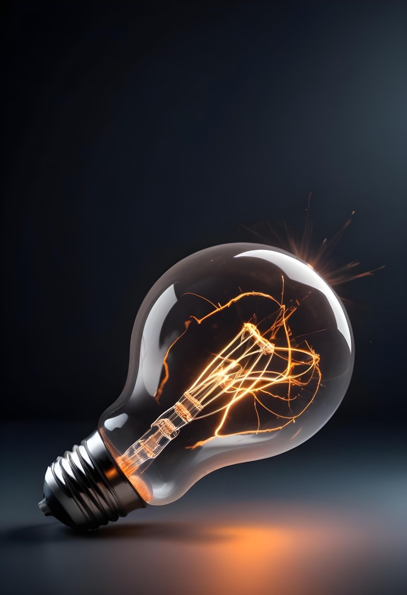 A Light Bulb With An Orange Light Trail Inside And Sparkles Coming Out Of It On A Light Background 8 8151