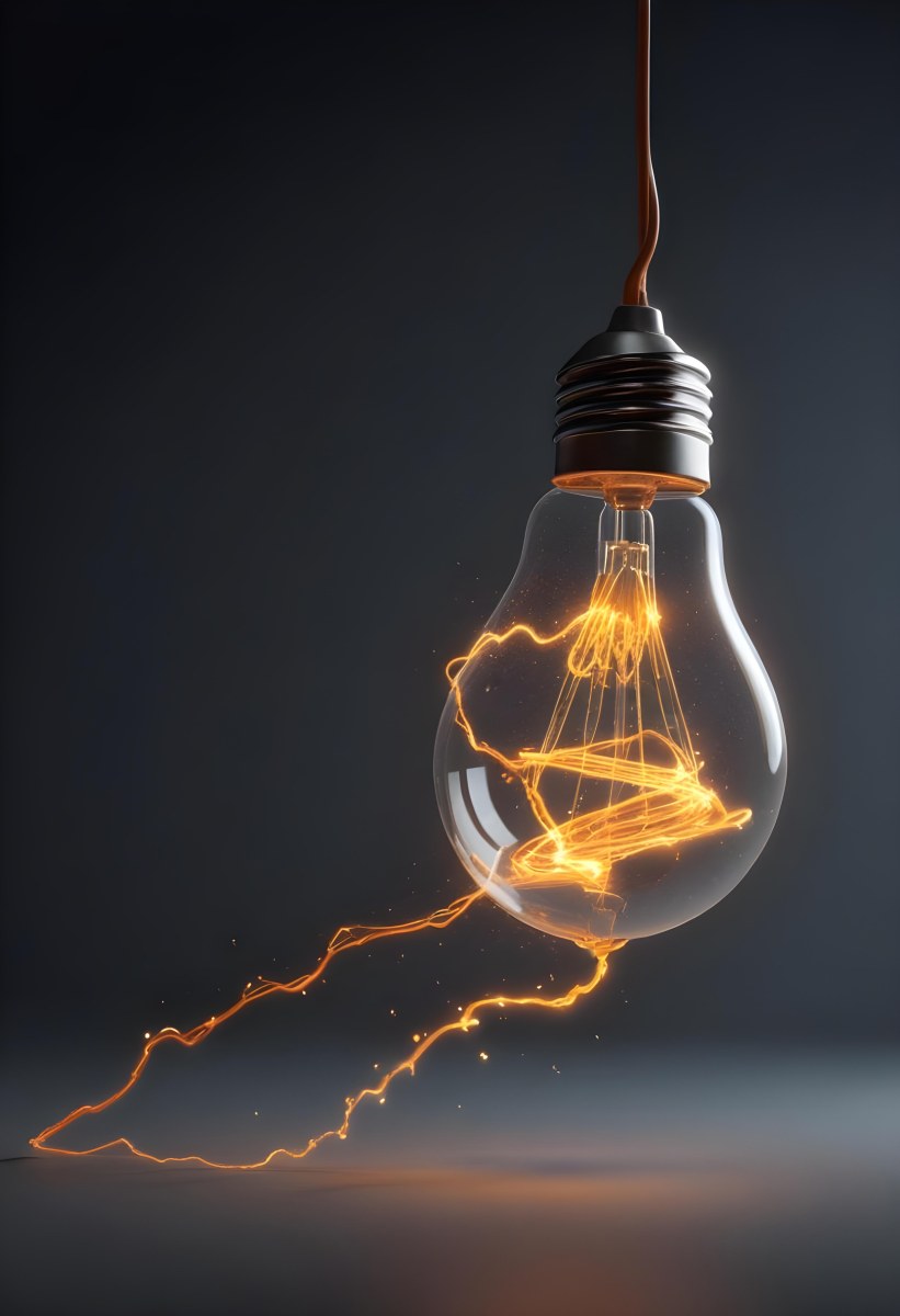 A Light Bulb With An Orange Light Trail Inside And Sparkles Coming Out Of It On A Light Background 9 1a12