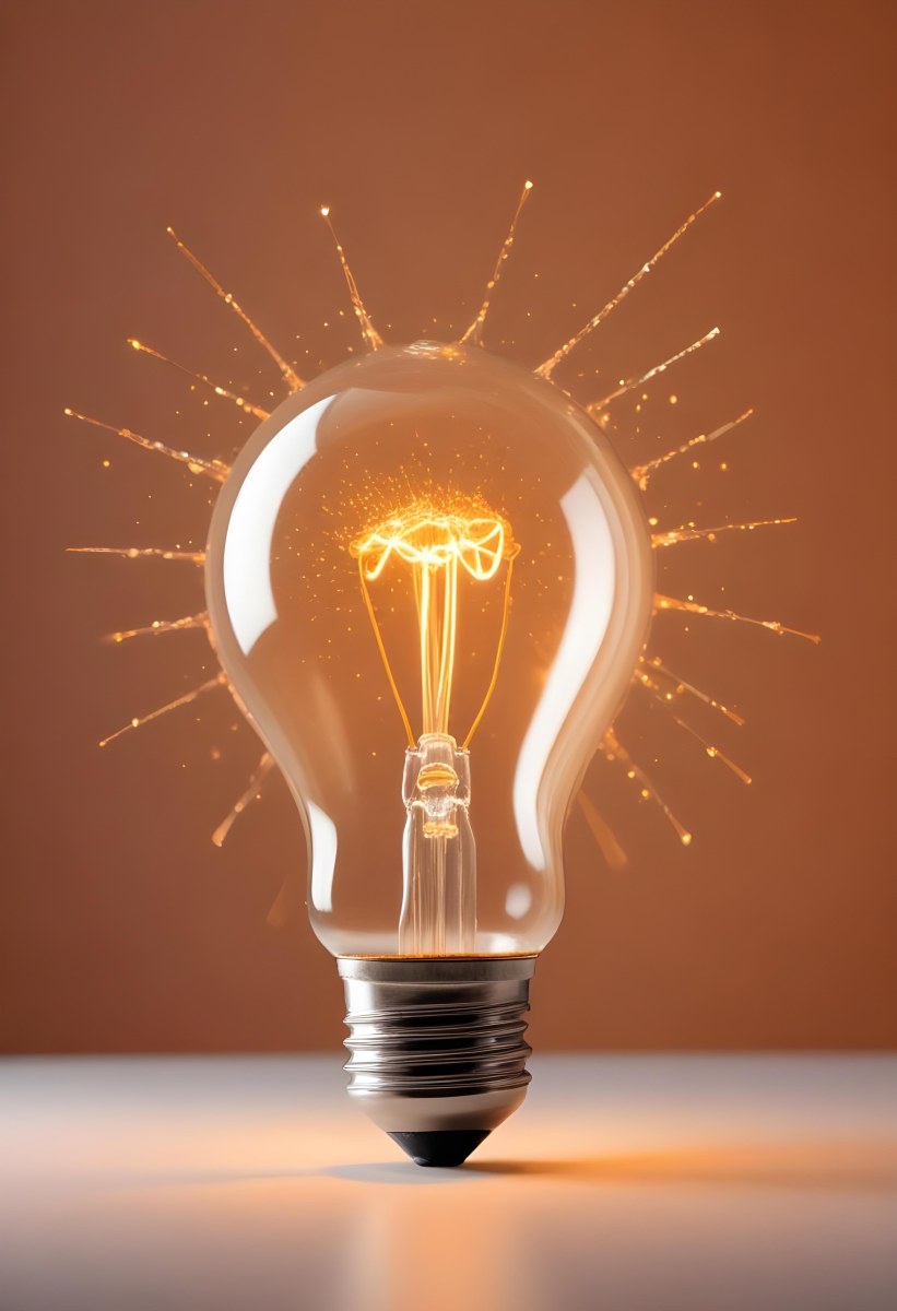 A Light Bulb With An Orange Light Trail Inside And Sparkles Coming Out Of It On A Light Background 9 25e2