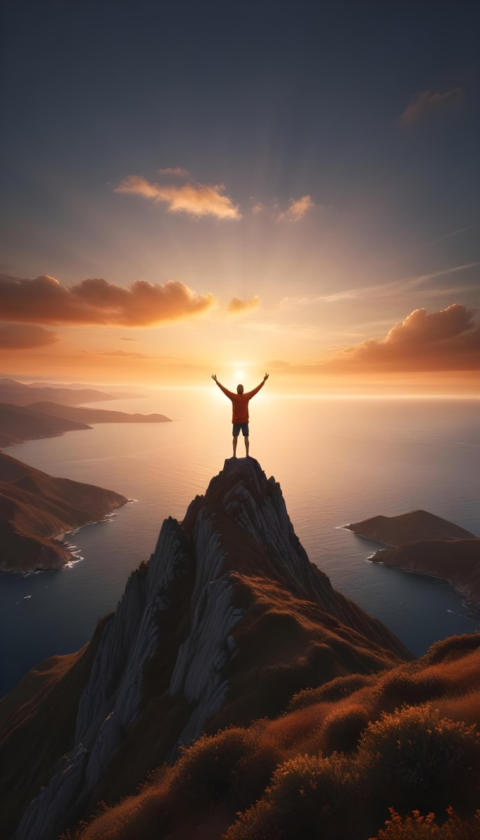 A Man With His Arms Raised On Top Of A Mountain Facing The Sea At Sunset The Sky Is Orange And The Sea Is Calm 17 65fa
