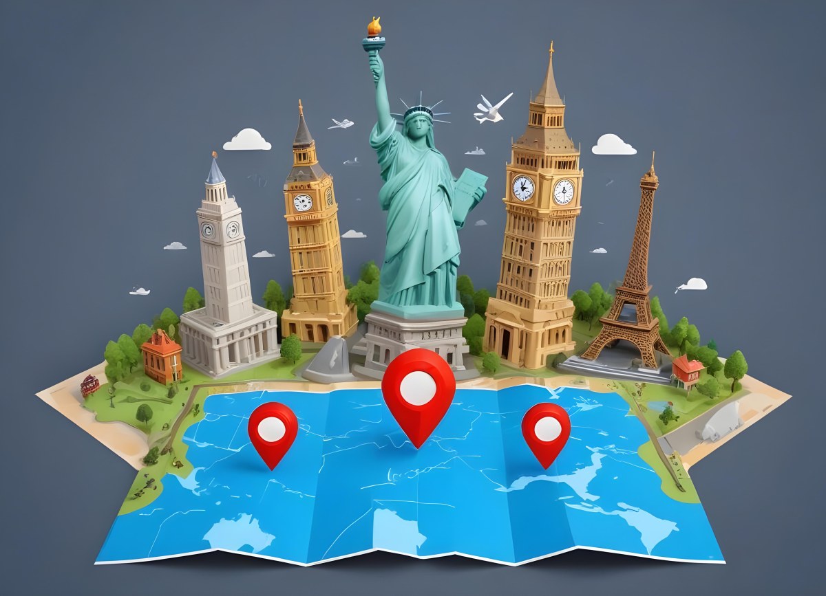 A Map Showing Famous Landmarks Around The World In