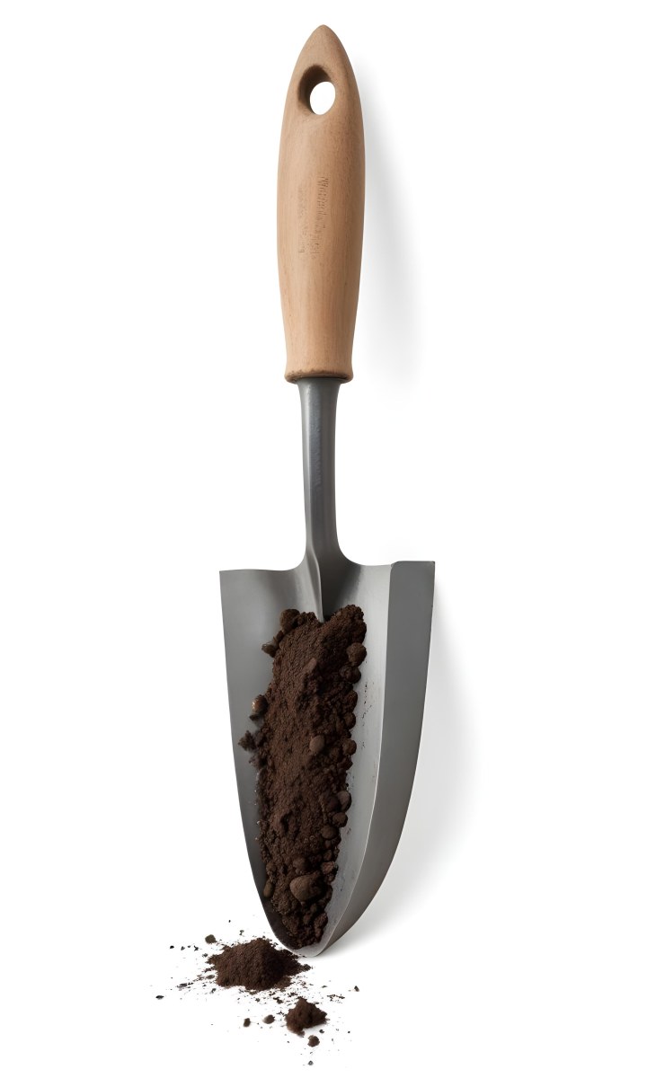 A Metal Garden Trowel With A Metal Handle Filled With Dark Brown Soil Isolated On A White Background Studio Shot 17 9ba2