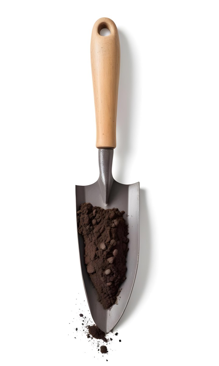 A Metal Garden Trowel With A Metal Handle Filled With Dark Brown Soil Isolated On A White Background Studio Shot 20 A081