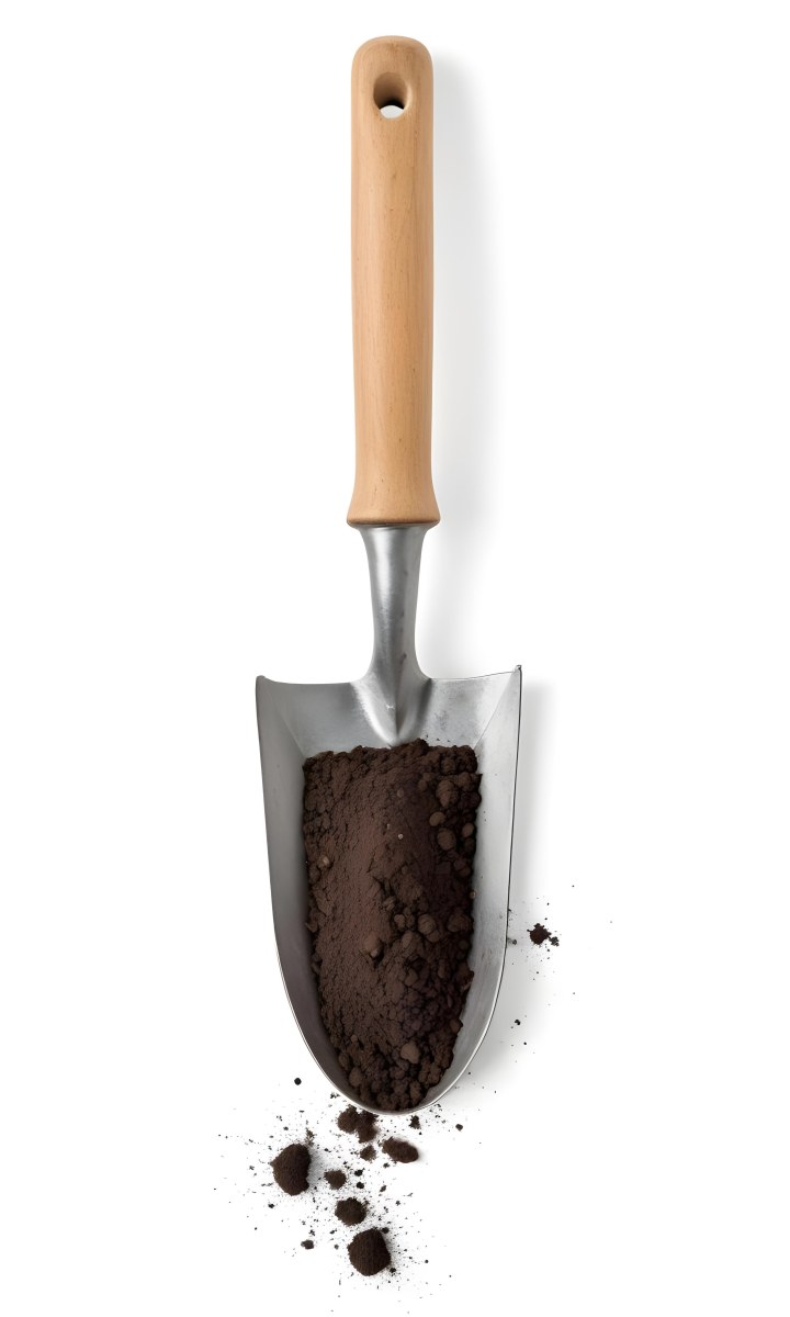 A Metal Garden Trowel With A Metal Handle Filled With Dark Brown Soil Isolated On A White Background Studio Shot 21 21ef
