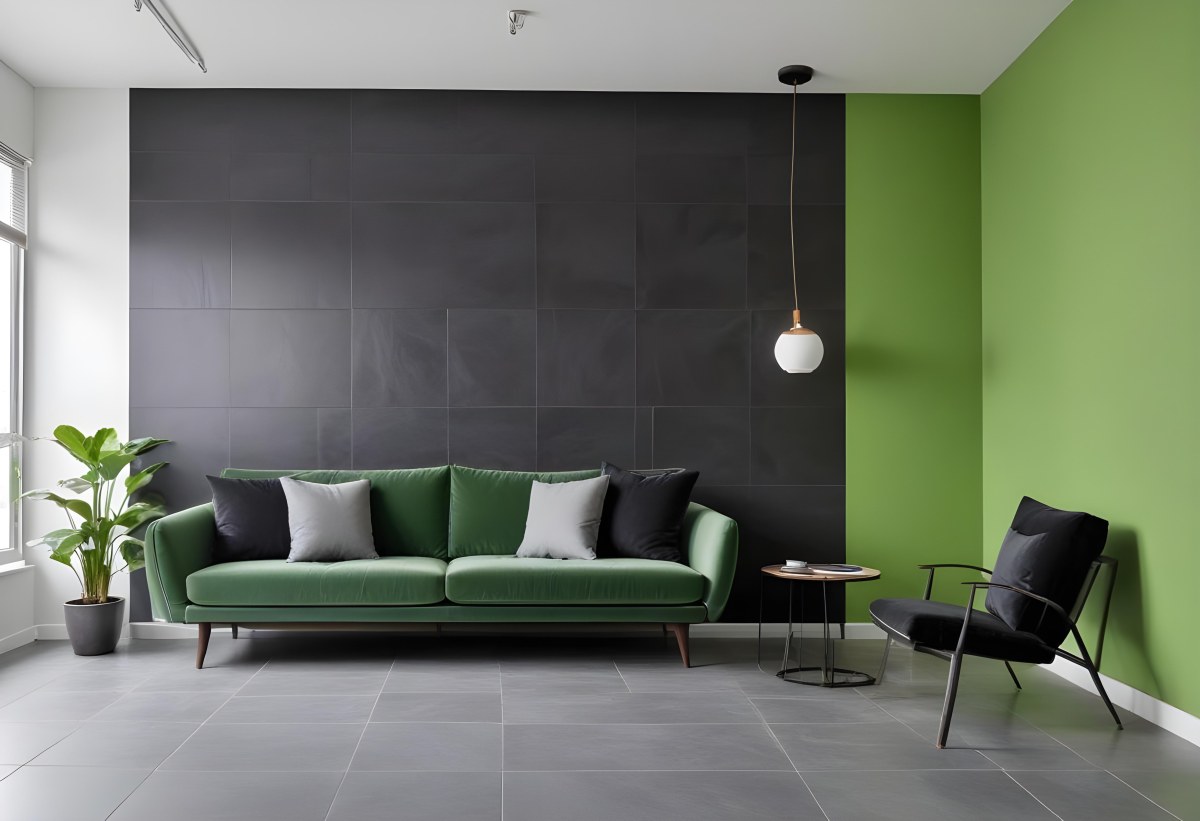 A Modern Green Sofa Against A Dark Gray Wall With A Bright Green Accent Wall 2 Fe58