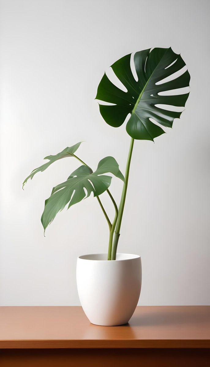 A Monstera Leaf In A White Vase The Background Is A White Wall With A Shadow 5 40ab