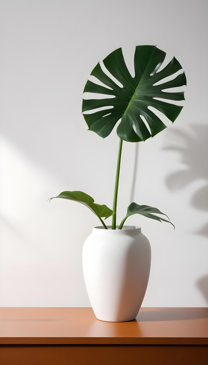 A Monstera Leaf In A White Vase The Background Is A White Wall With A Shadow 6 7657