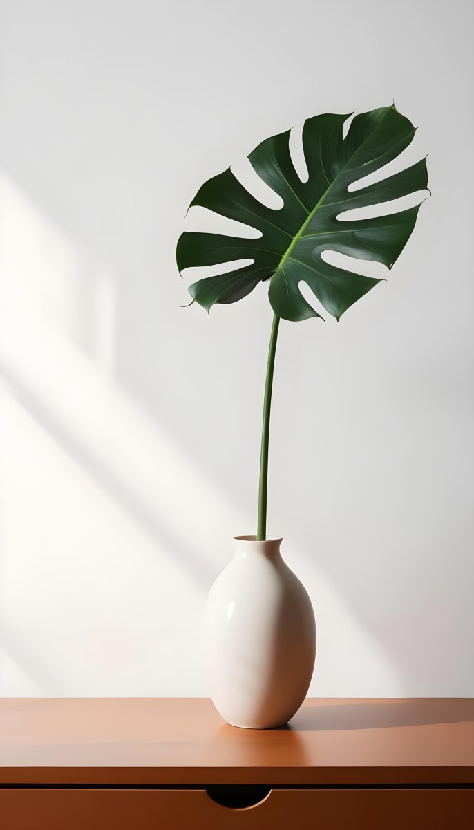 A Monstera Leaf In A White Vase The Background Is A White Wall With A Shadow 7 Ca06