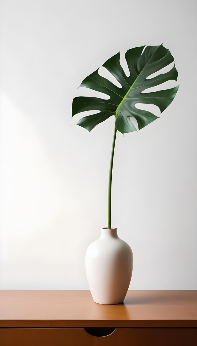 A Monstera Leaf In A White Vase White Background 29 D004