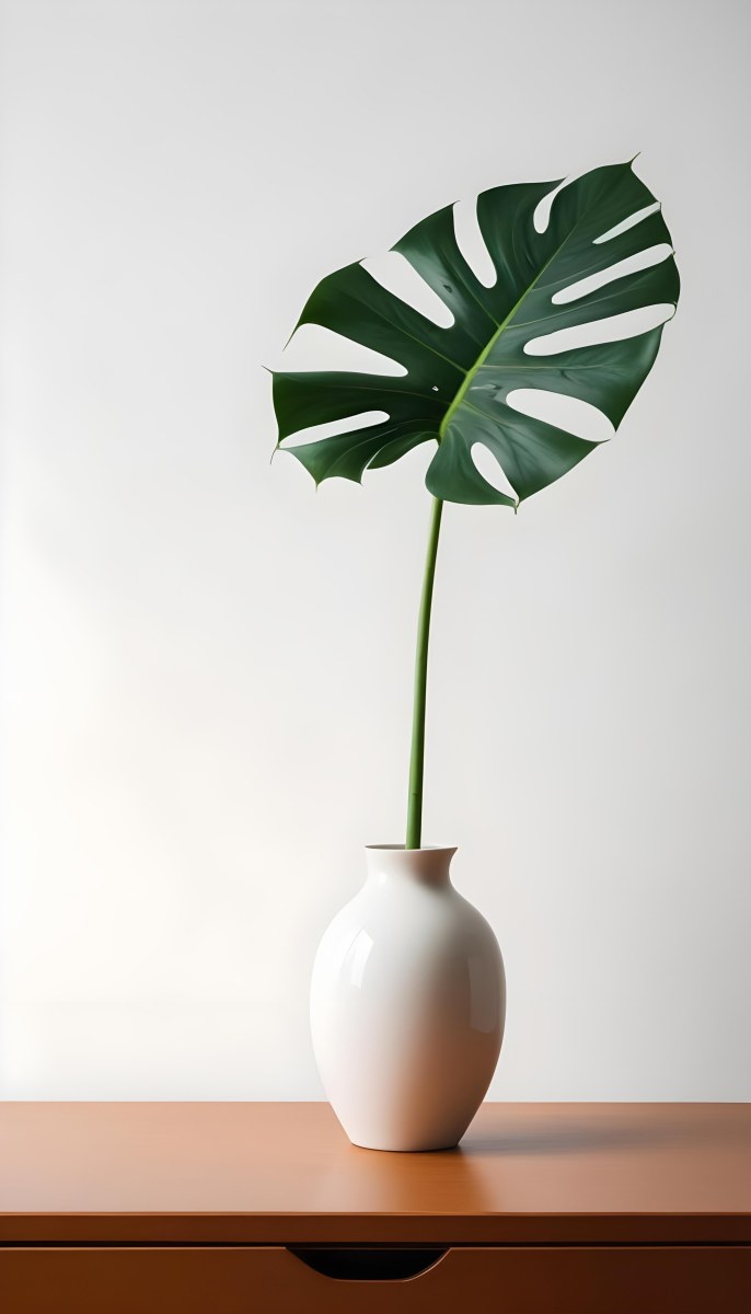 A Monstera Leaf In A White Vase White Background 35 255d
