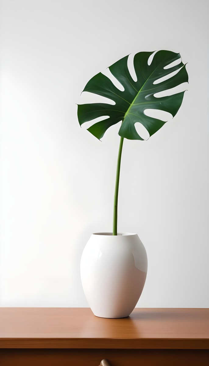 A Monstera Leaf In A White Vase White Background 42 5a71