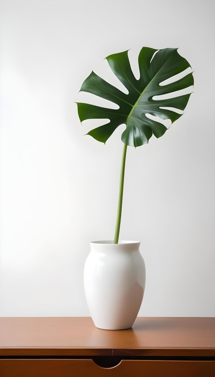 A Monstera Leaf In A White Vase White Background 44 C9ba