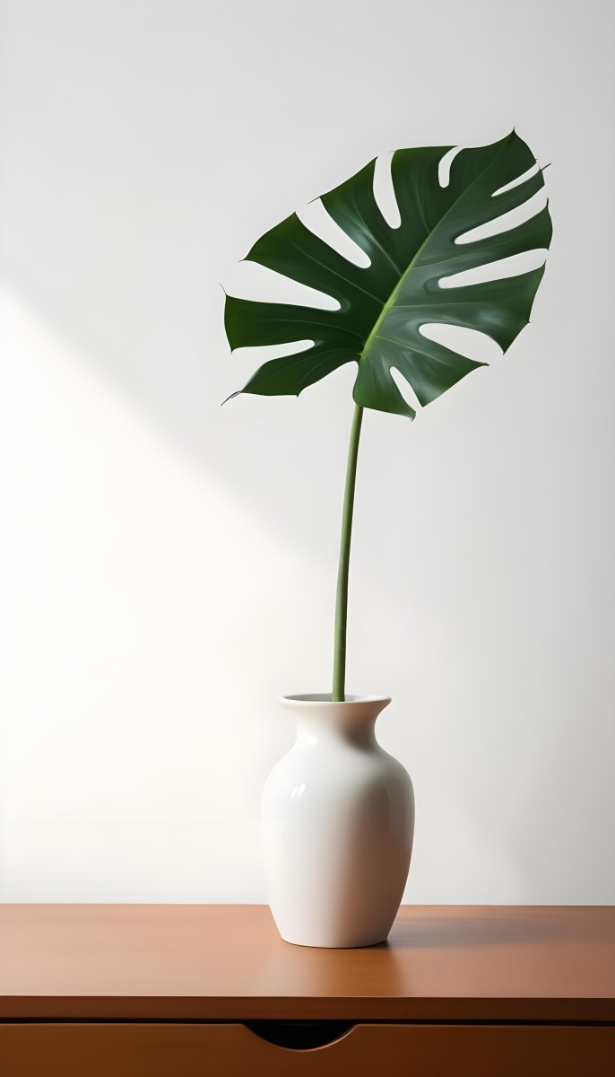 A Monstera Leaf In A White Vase White Background 66 4830