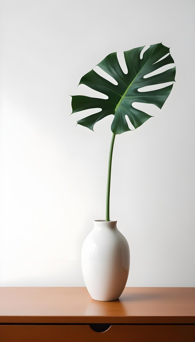 A Monstera Leaf In A White Vase White Background 69 De33