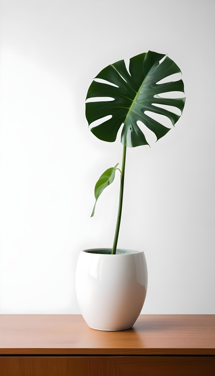 A Monstera Leaf In A White Vase White Background 71 0770