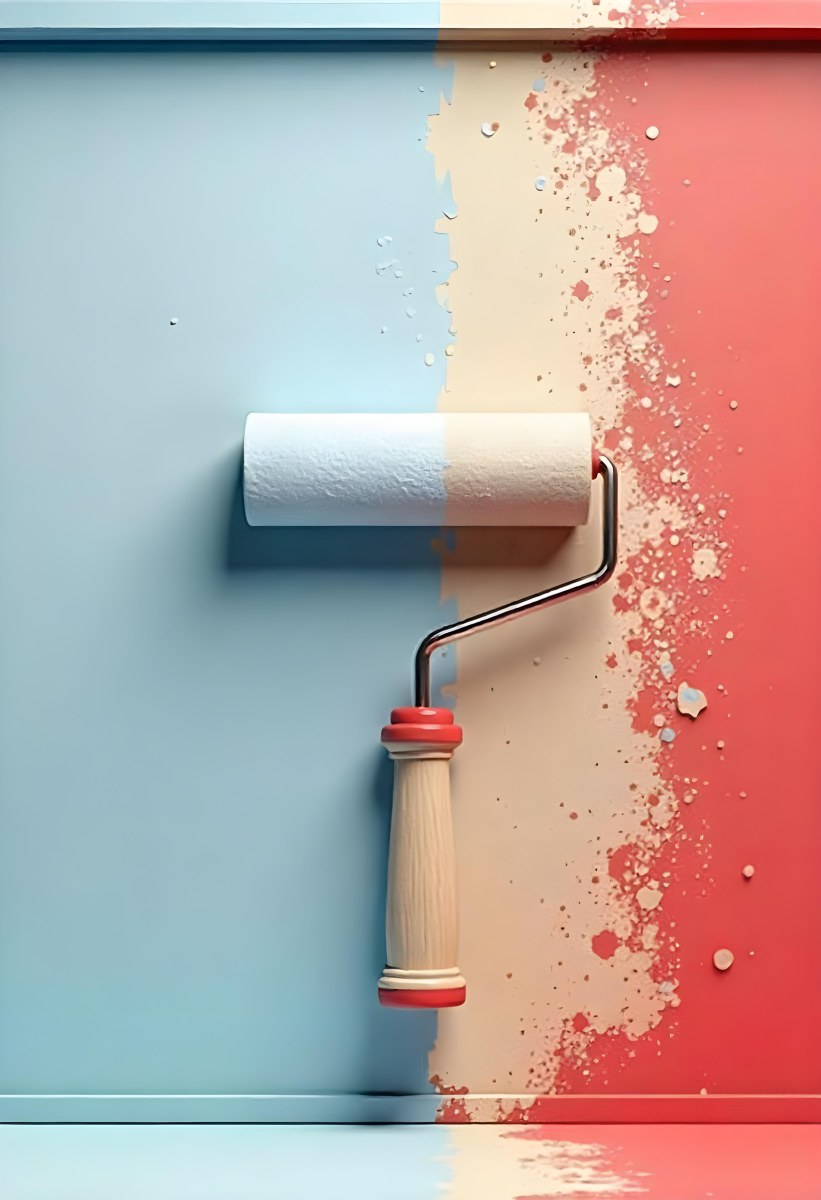 A Paint Roller With Half Blue And Half Red On A Wall With Half Blue And Half Red Paint 12 E4c7