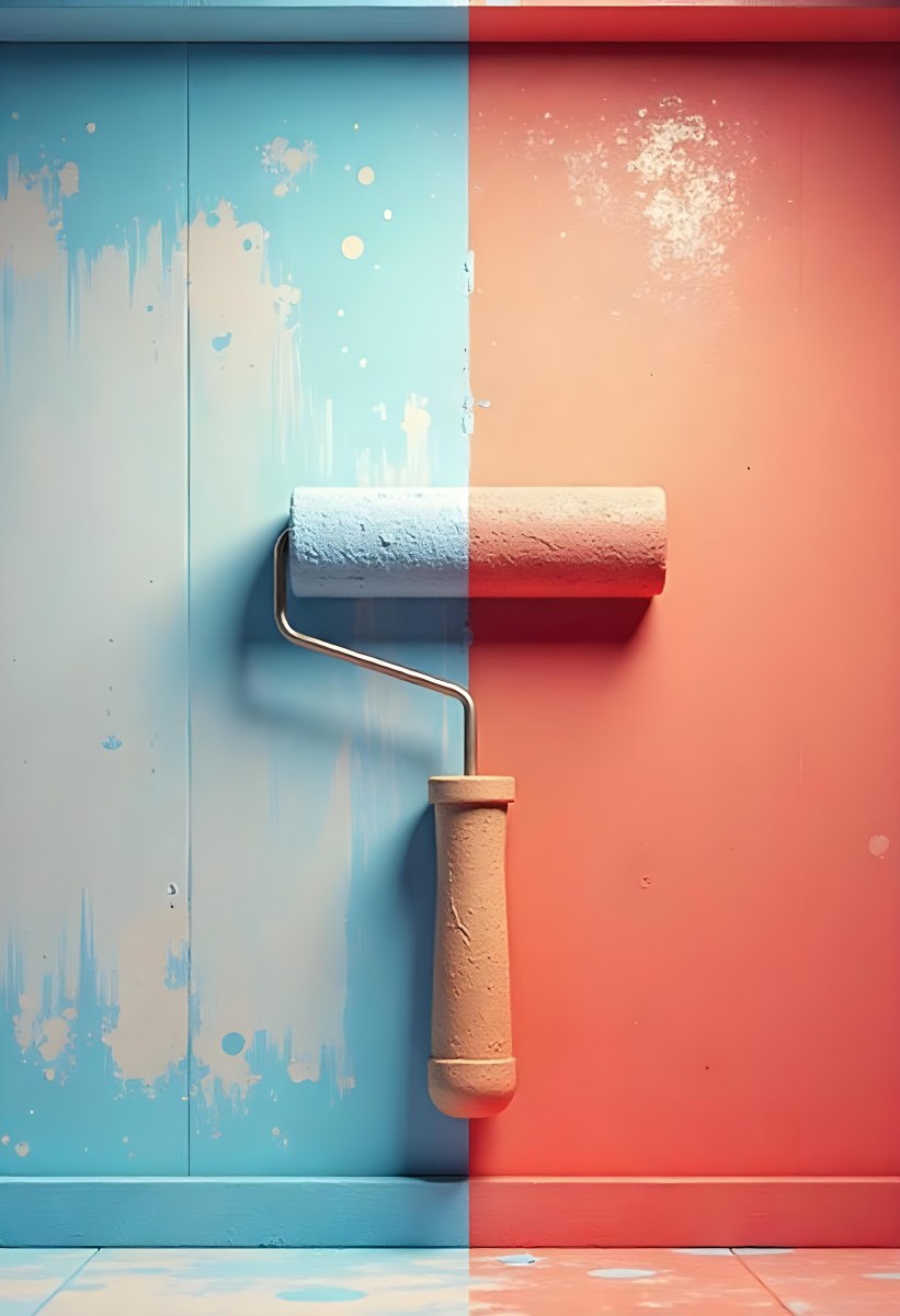 A Paint Roller With Half Blue And Half Red On A Wall With Half Blue And Half Red Paint 14 C2b0