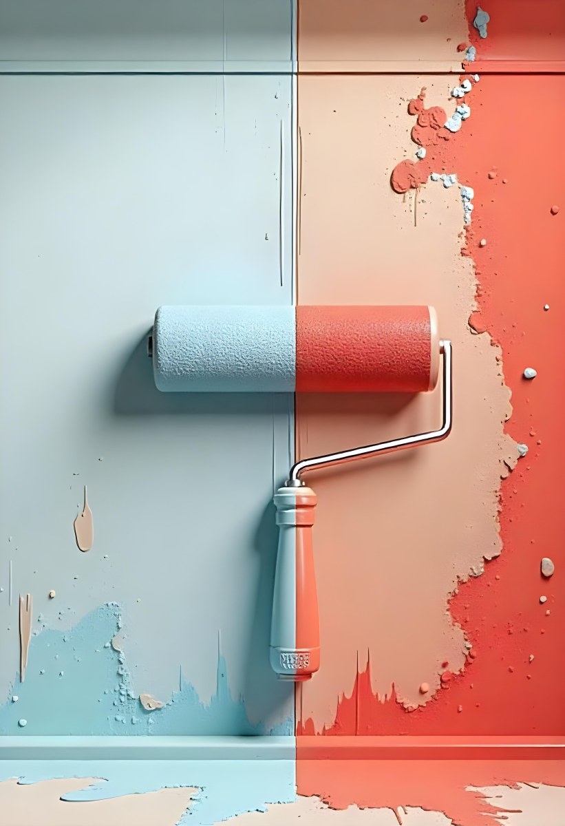 A Paint Roller With Half Blue And Half Red On A Wall With Half Blue And Half Red Paint 15 A4df