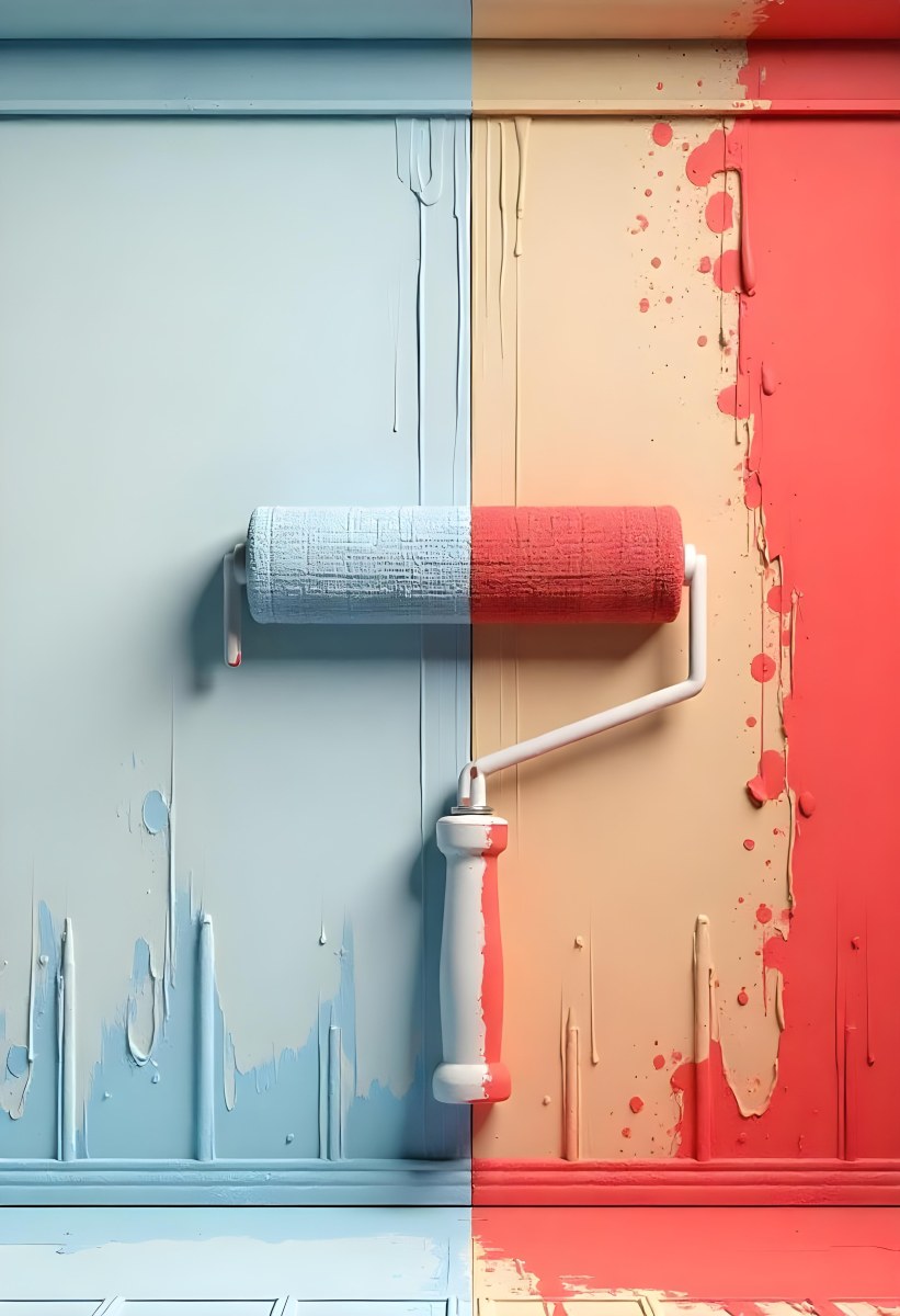 A Paint Roller With Half Blue And Half Red On A Wall With Half Blue And Half Red Paint 18 4364