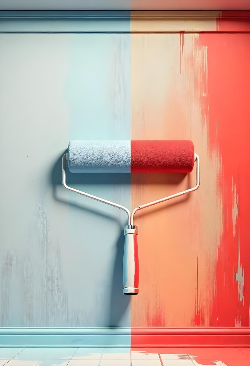 A Paint Roller With Half Blue And Half Red On A Wall With Half Blue And Half Red Paint 19 111b