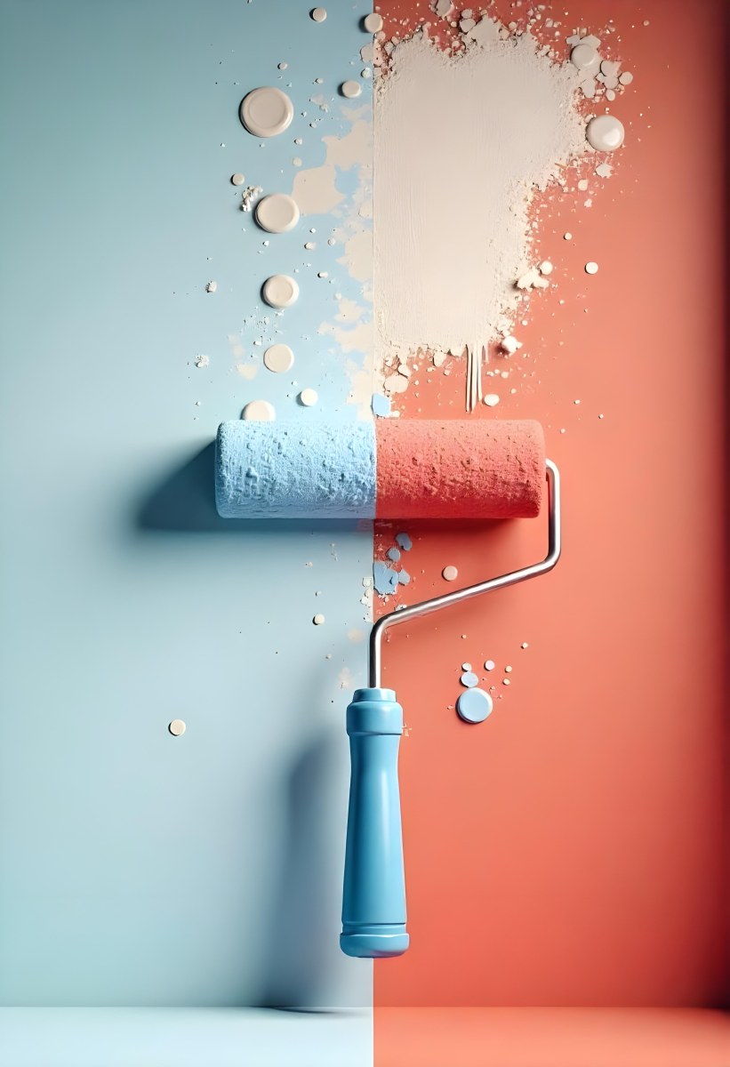 A Paint Roller With Half Blue And Half Red On A Wall With Half Blue And Half Red Paint 20 78ad